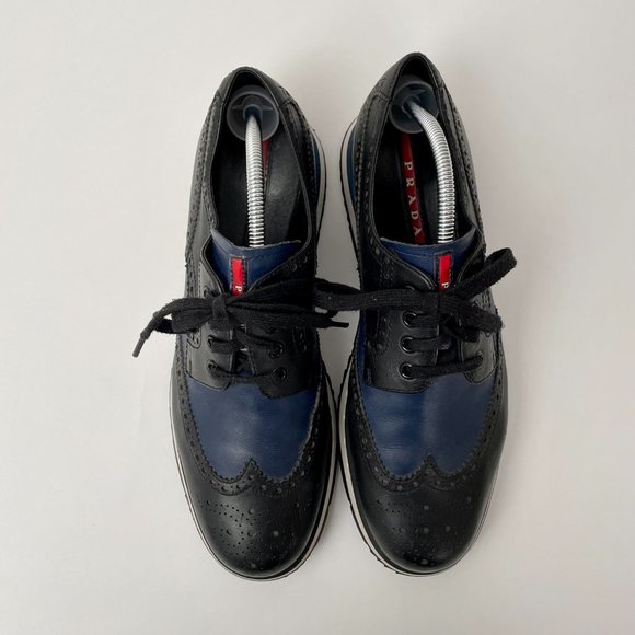Prada Vit Montana Calf Leather Platform Wing Tip Brogues, Black/Navy, Size 11 - Picture 4 of 16
